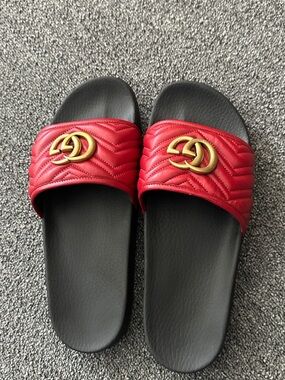 Gucci Red Quilted Slide Sandals with Gold Double G